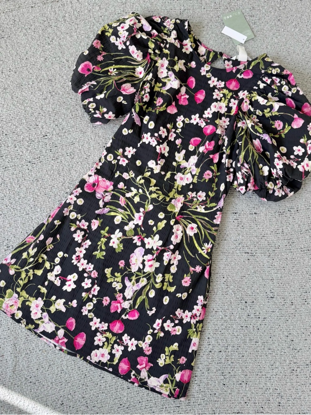 H&M Black Floral Puff-Sleeve Dress Open Back Size S